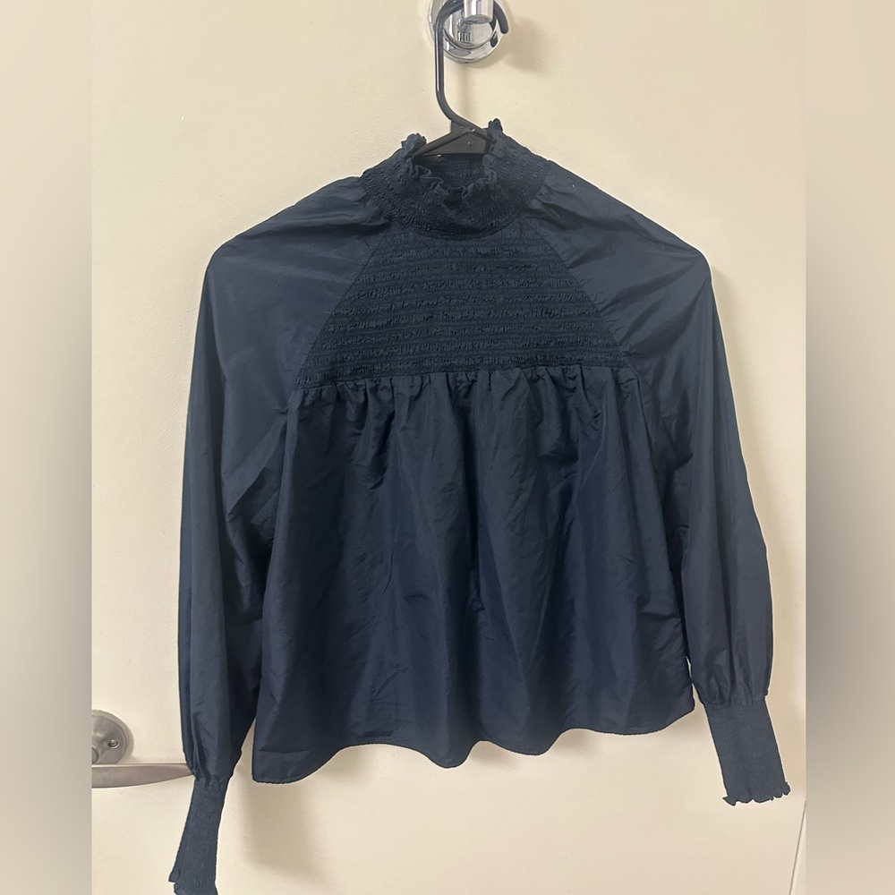 Veronica Beard Women's Navy Smocked High-Neck Blouse